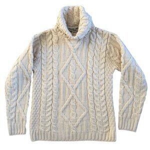 ARAN MOR Irish Merino Wool Cream/Ivory Cable Knit Turtleneck Sweater Large